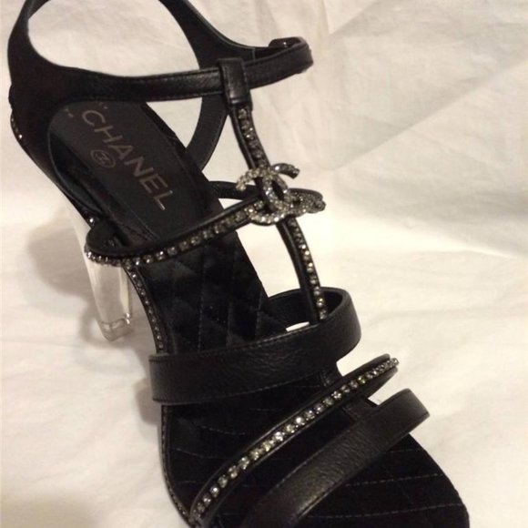 CHANEL 14C Leather Crystal Jewel CC Strappy Sandal Lucite PVC Heel Shoes - Picture 4 of 12
